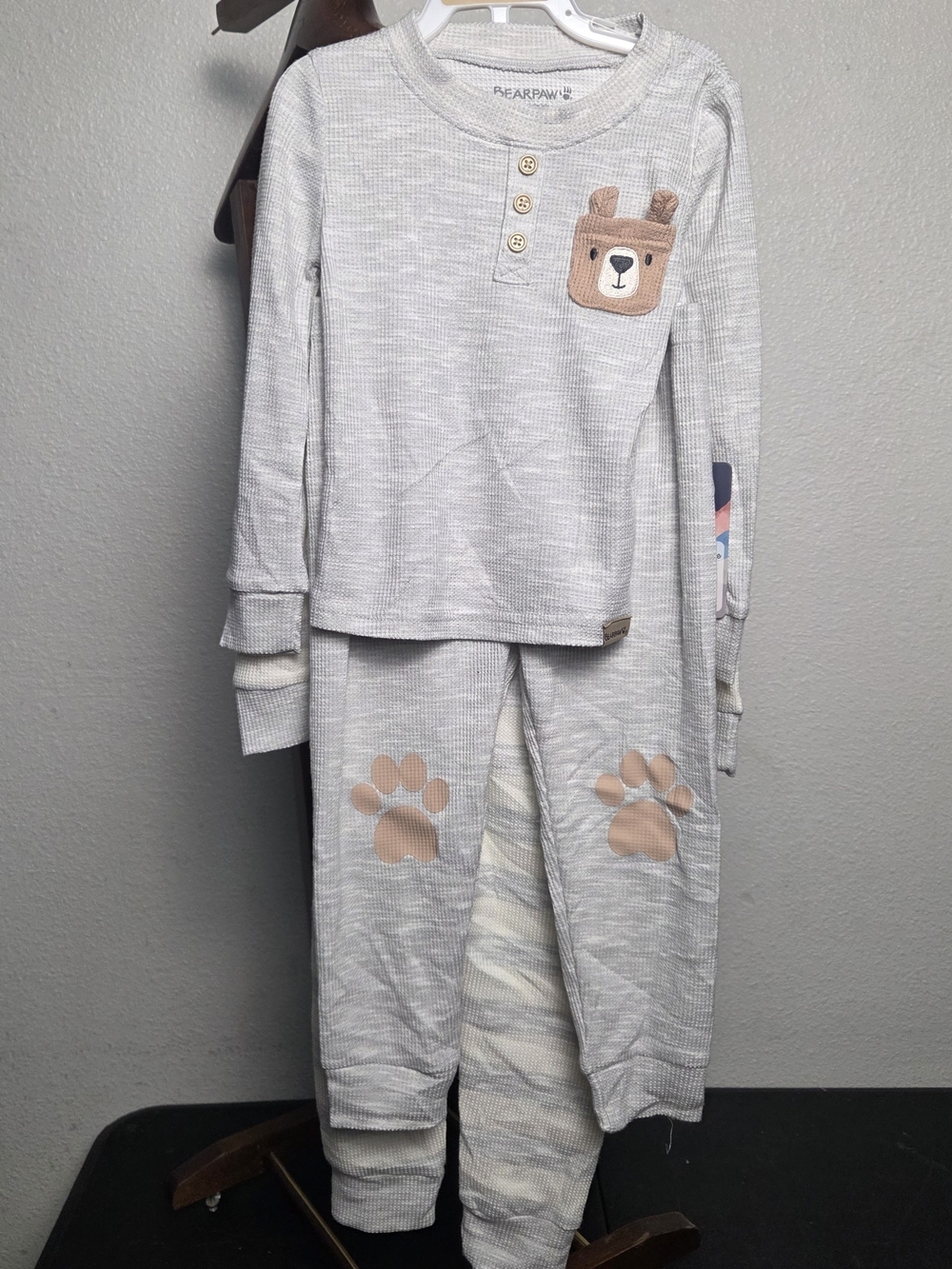 BearPaw Light Gray Thermal Kids Pajama Set with Tan Bear Applique